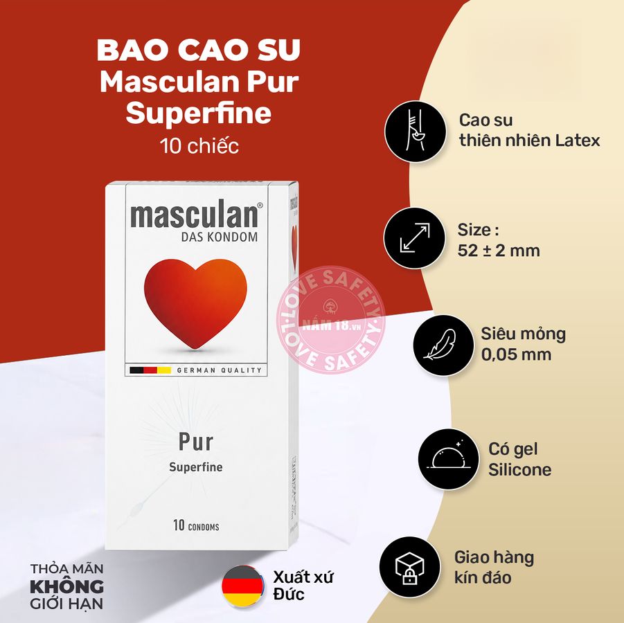 Bao Cao Su Siêu Mỏng Masculan Pur Superfine - Hộp 10 Cái chính hãng - có hương thơm, ôm sát cảm giác thật, chất liệu latex an toàn - giao hàng che tên kín đáo