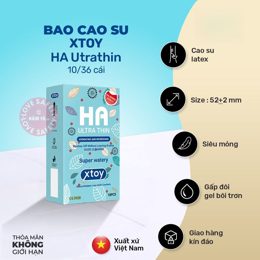 Bao Cao Su Siêu Mỏng Xtoy HA Utrathin Nhiều chính hãng - siêu mỏng 0.03mm, nhiều gel bôi trơn, hộp 36 cái - giao hàng che tên kín đáo