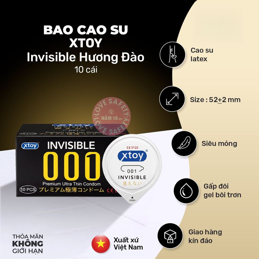 Bao Cao Su Siêu Mỏng Xtoy Invisible Hương Đào chính hãng - có hương thơm, ôm sát cảm giác thật, chất liệu latex an toàn - giao hàng che tên kín đáo
