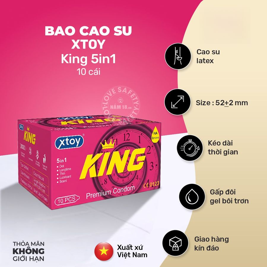 Bao Cao Su Kéo Dài Thời Gian Xtoy King 5in1 Hương Chuối chính hãng - siêu mỏng, có gai nổi, hỗ trợ kéo dài - giao hàng che tên kín đáo