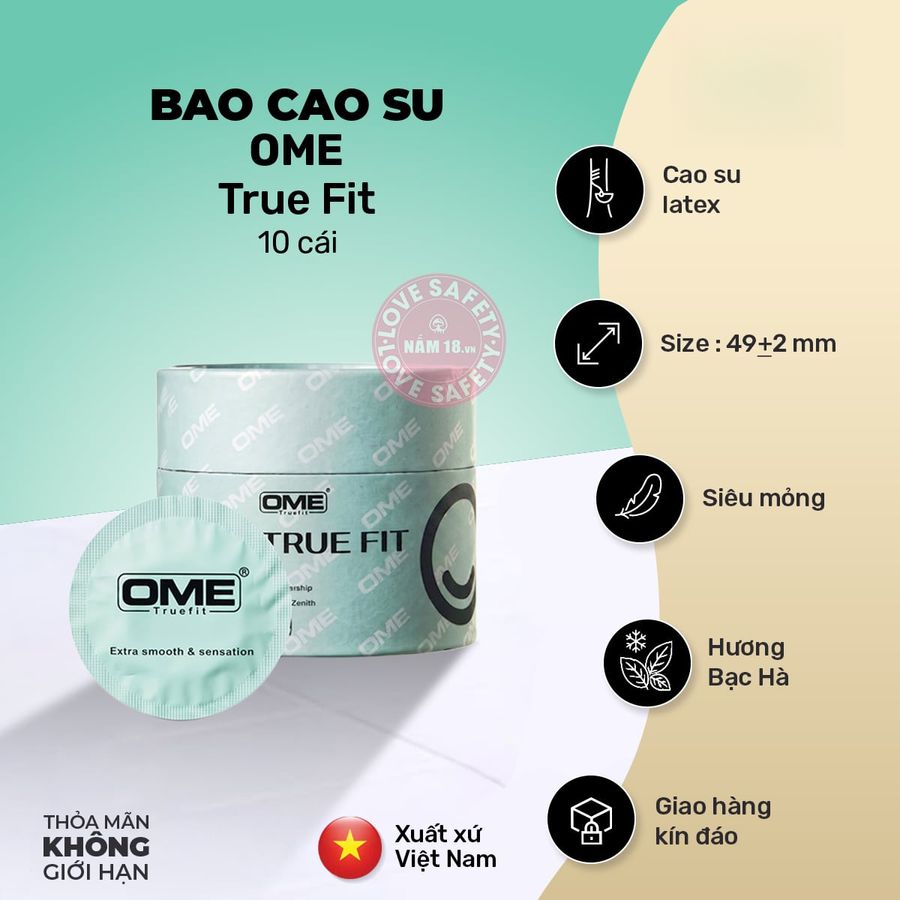 Bao Cao Su Size Nhỏ 49mm Ome True Fit Hương Bạc Hà chính hãng - siêu mỏng, có hương thơm, ôm sát cảm giác thật - giao hàng che tên kín đáo