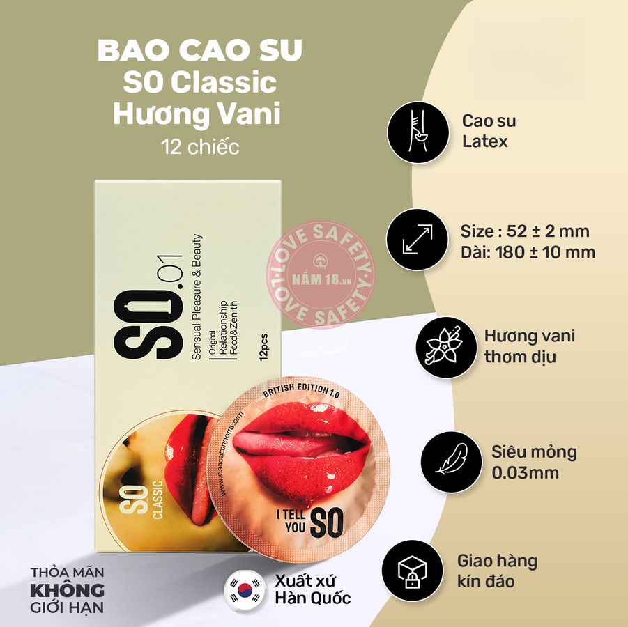 Bao Cao Su Siêu Mỏng SO Classic Hương Vani Hộp 12 Cái chính hãng - siêu mỏng 0.03mm, có hương thơm, ôm sát cảm giác thật - giao hàng che tên kín đáo