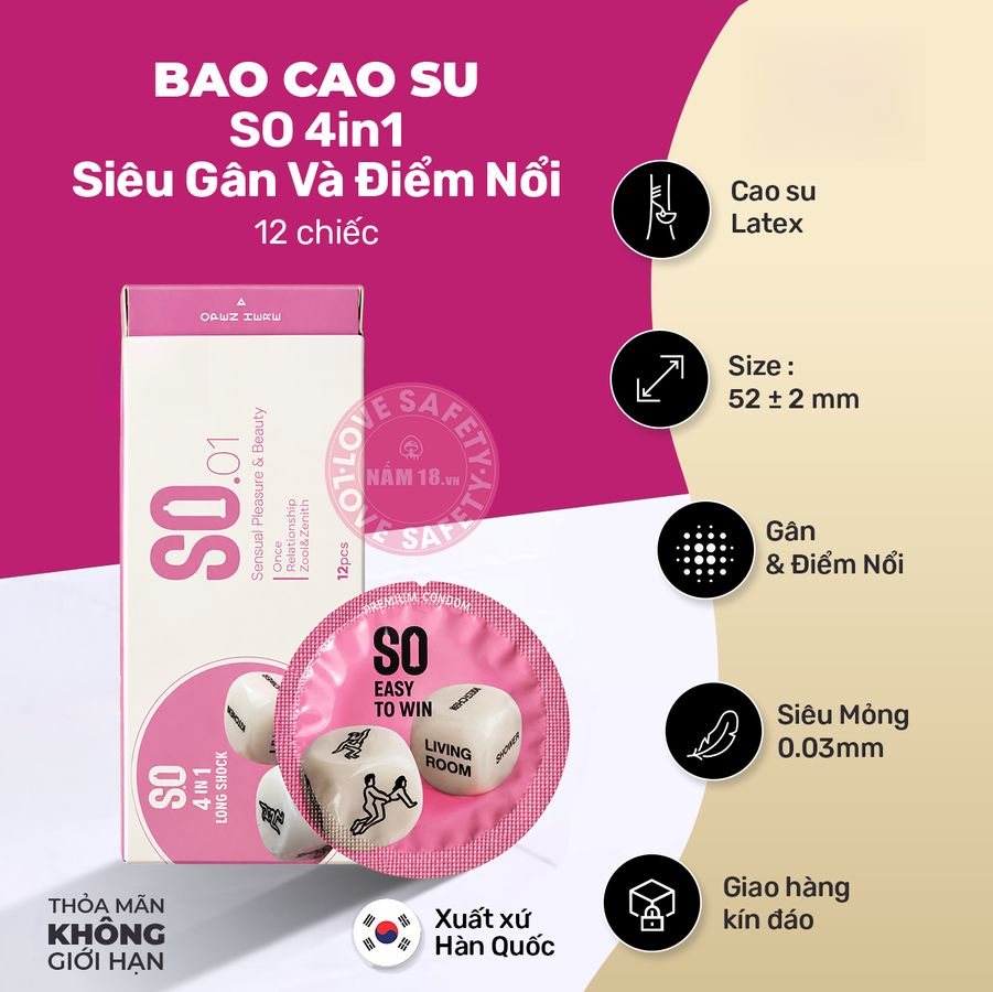 Bao Cao Su SO 4in1 Siêu Gân Và Điểm Nổi Hộp 12 Cái chính hãng - ôm sát cảm giác thật, chất liệu latex an toàn, hàng nhập khẩu - giao hàng che tên kín đáo