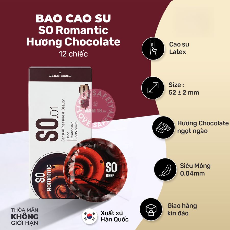 Bao Cao Su Hương Chocolate SO Romantic - Hộp 12 Cái chính hãng - siêu mỏng 0.03mm, siêu mỏng, nhiều gel bôi trơn - giao hàng che tên kín đáo