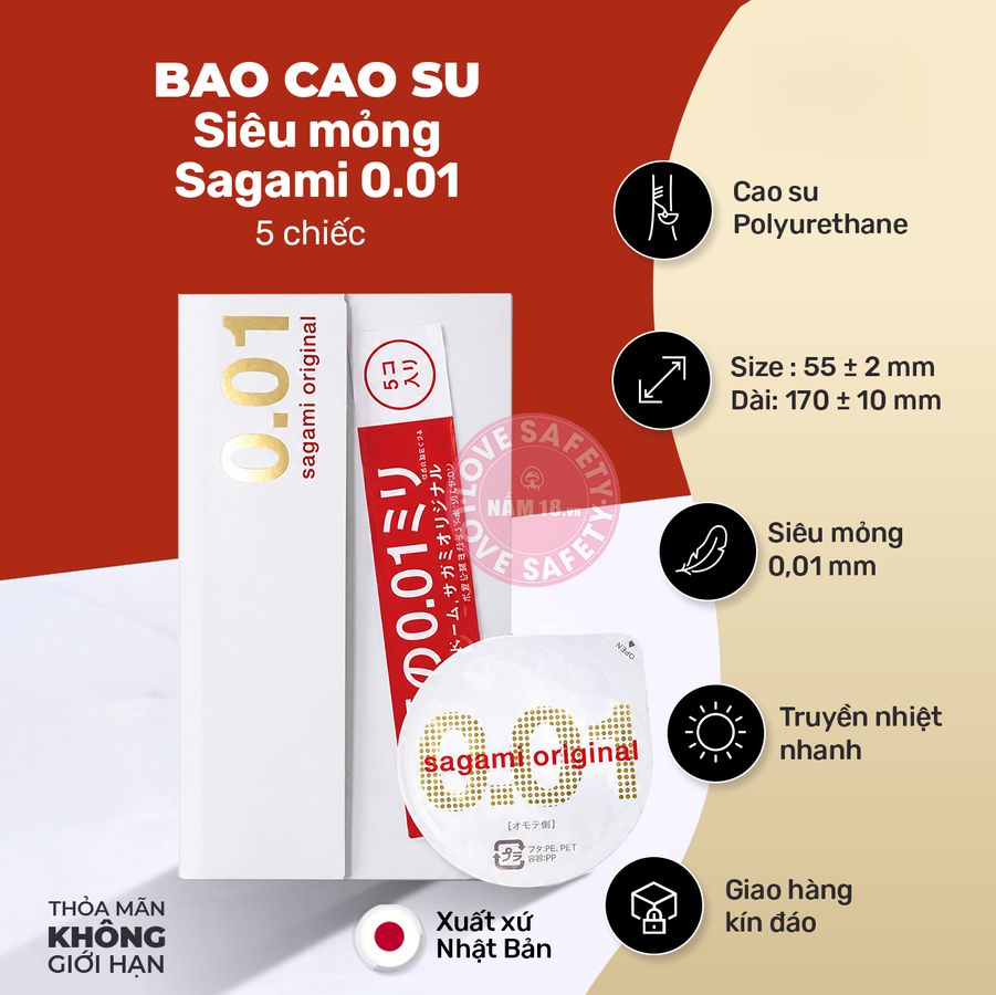 Bao Cao Su Siêu Mỏng Sagami 0.01 - Hộp 5 Cái chính hãng - ôm sát cảm giác thật, chất liệu latex an toàn, hàng nhập khẩu - giao hàng che tên kín đáo