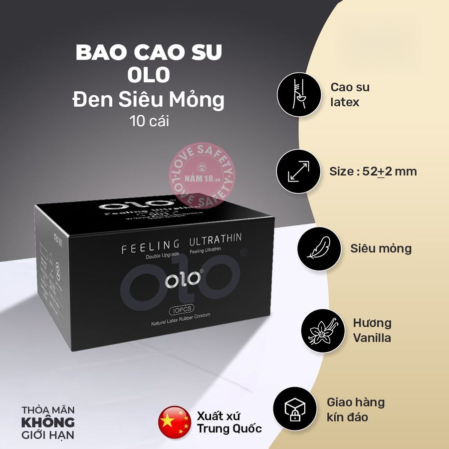 Bao Cao Su OLO Đen Siêu Mỏng, Hương Vani Hộp 10 Cái chính hãng - có hương thơm, ôm sát cảm giác thật, chất liệu latex an toàn - giao hàng che tên kín đáo