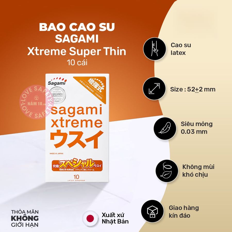 Bao Cao Su Siêu Mỏng Sagami Xtreme Super Thin chính hãng - siêu mỏng 0.03mm, ôm sát cảm giác thật, chất liệu latex an toàn - giao hàng che tên kín đáo