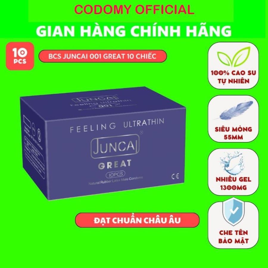 COMBO 4 Hộp Bao cao su siêu mỏng Kéo dài quan hệ  JUNCAI 001 Great Hương dâu tây mát lạnh size 55mm 10 Bcs