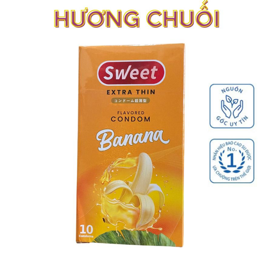 Combo 3 hộp bao cao su Sweet extrathin hương vị chuối trải nghiệm mới lạ, size 52mm, hộp 10 bao