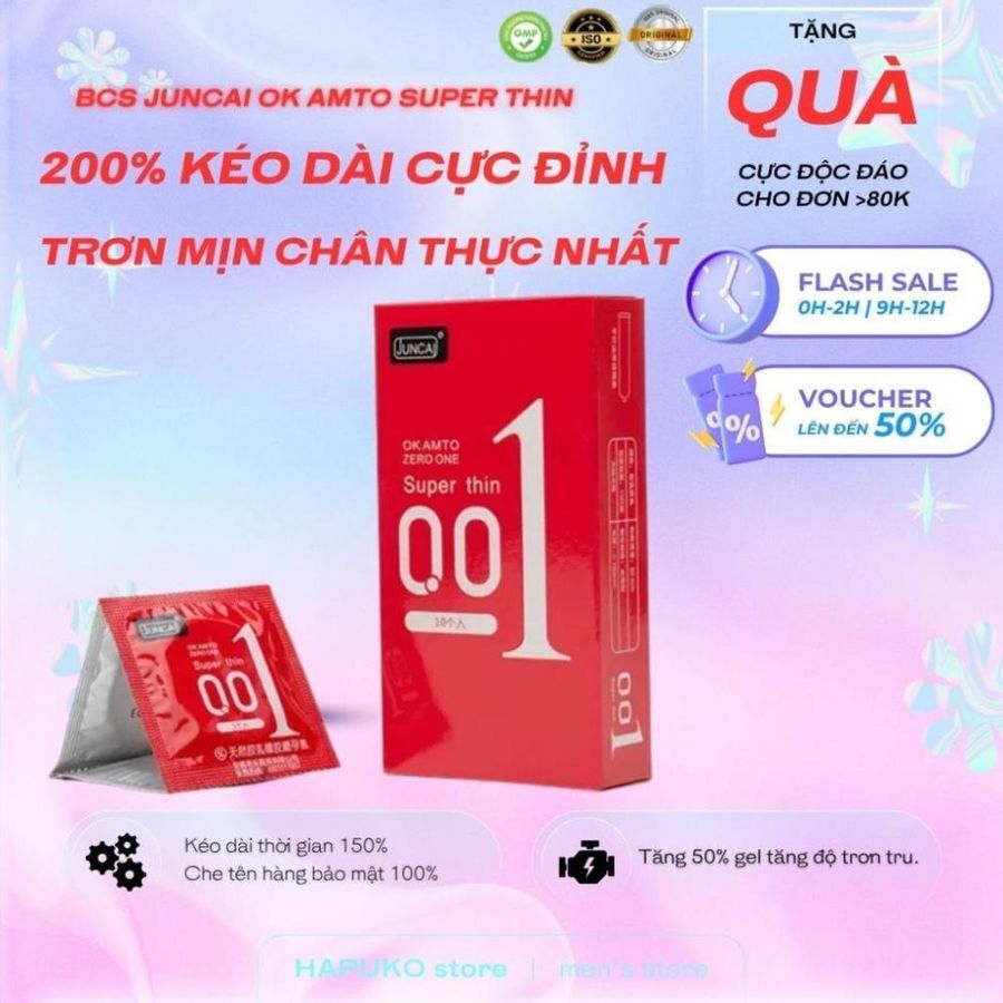 Bao cao su siêu mỏng Juncai 0.01 Okamto Super thin cực mỏng nhiều gel bôi trơn hương vani 10 bcs combo siêu mỏng gân gai