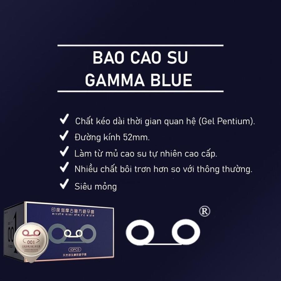 Bao cao su Gamma Blue, Hộp 10c, bcs siêu mỏng 001, kéo dài thời gian, nhiều gel bôi trơn, chính hãng