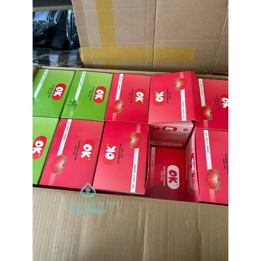 Hộp lớn 144 cái, Bao cao su OK Không mùi, Bạc Hà, Dâu- CHE TÊN SẢN PHẨM