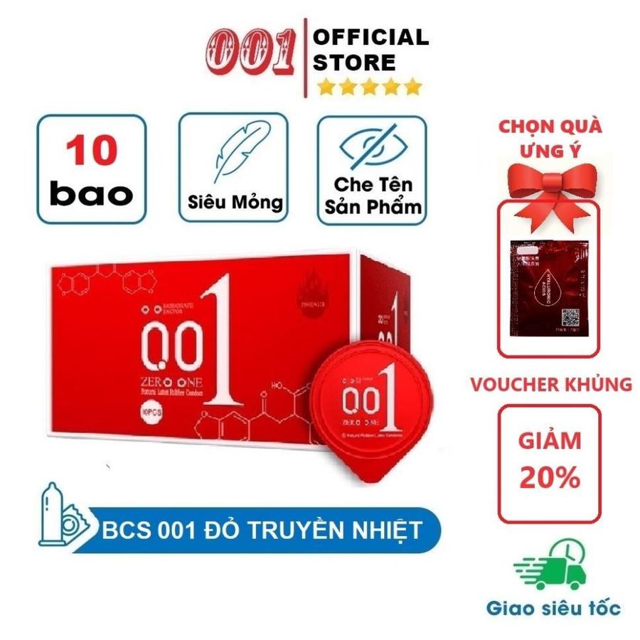 Bộ 2 hộp 20 chiếc bao cao su 001, bcs 001 đỏ truyền nhiệt, lửa băng kéo dài thời gian, size 52mm