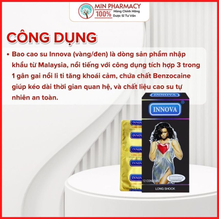Bao cao su Innova Vàng/đen Malaysia Gân gai, Kéo dài thời gian (hộp 12 cái)