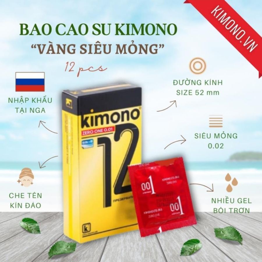 Bao cao su Kimono siêu mỏng 0.02 màu vàng Gold chứa vitamin B cấp ẩm bôi trơn, Hộp 12 bcs | Carefeel