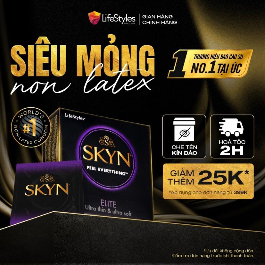 [MUA 3 TẶNG 1] Bao cao su siêu mỏng LifeStyles SKYN ELITE non-latex không mùi cao su Hộp 3 bcs