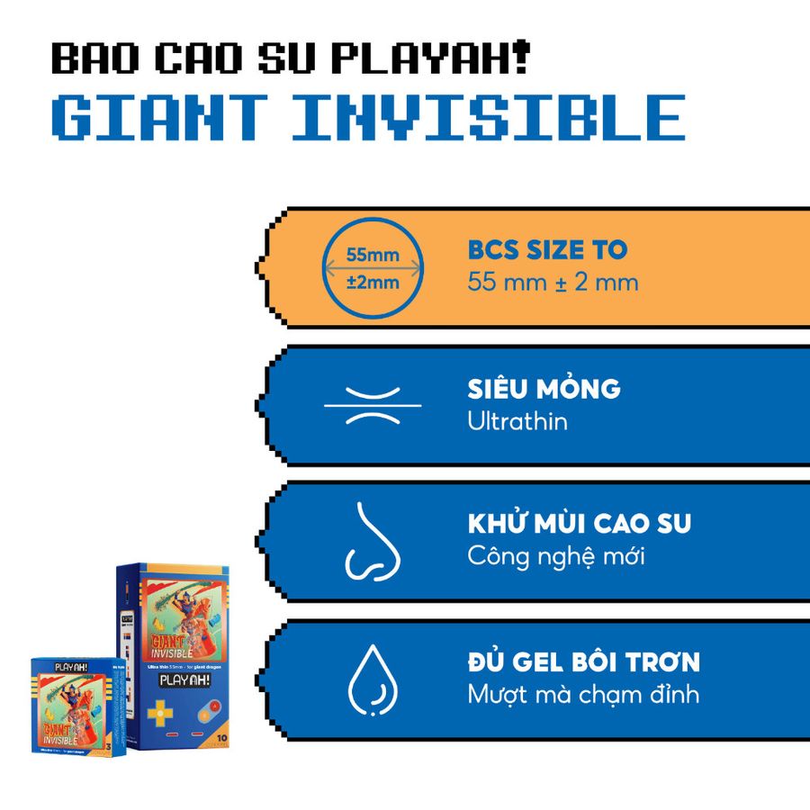 Bao cao su size to PlayAh! Siêu Mỏng 55mm Giant Invisible 24K.Right - Hộp 3/10 Cái