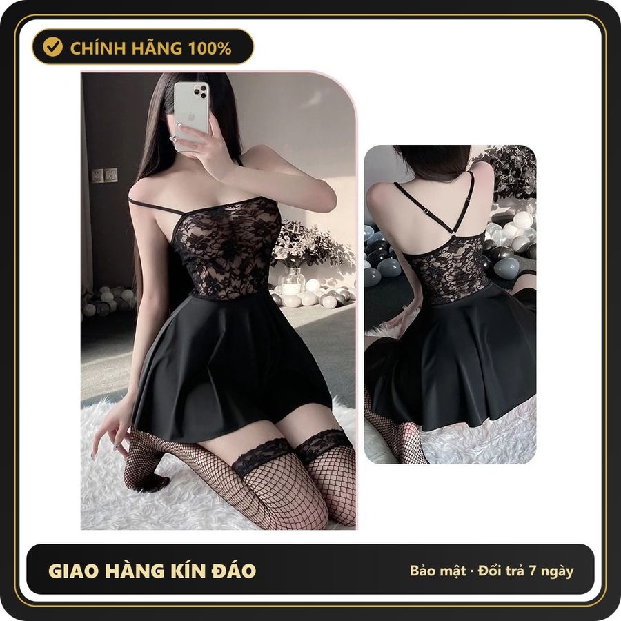 (Che Tên) Váy Ngủ Sexy Mặc Nhà Dáng Xòe Phối Ren Hoa Gợi Cảm Dễ Thương Đầm 2 Dây Thun Mềm Mịn Quyến Rũ - N230 Đen Hộp Trắng Kín