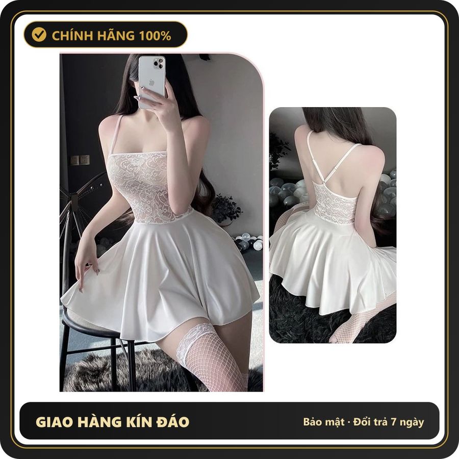 (Che Tên) Váy Ngủ Sexy Mặc Nhà Dáng Xòe Phối Ren Hoa Đầm 2 Dây Thun Mềm Mịn - N230 Trắng - Hàng Mới Về
