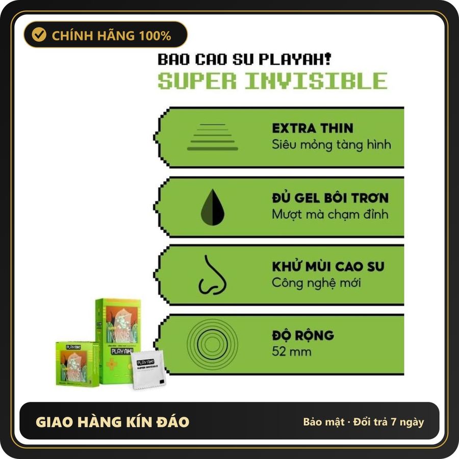 (Che Tên) Bao Cao Su PlayAh Super Invisible Siêu Mỏng/ Nhiều Gel/ Kéo Dài Thời Gian/ Có Gai Hộp 10 size 52mm Chuẩn Auth
