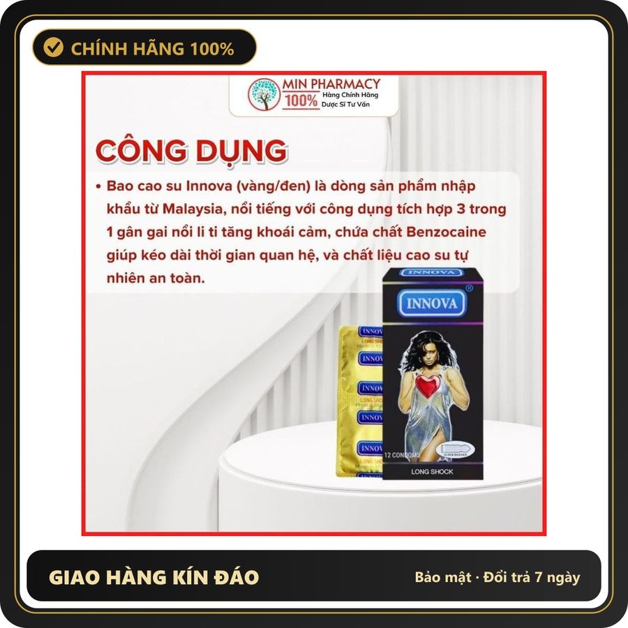 (Che Tên) Bao cao su Innova Vàng/đen Malaysia Gân gai, Kéo dài thời gian (hộp 12 cái) Hỗ Trợ 24/7