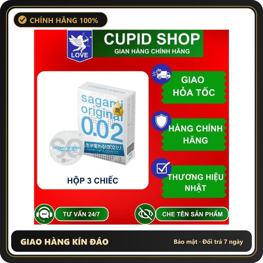 (Che Tên) Bao cao su Sagami Siêu mỏng Nhiều gel bôi trơn 002 Hộp 3 chiếc - Hàng Mới Về