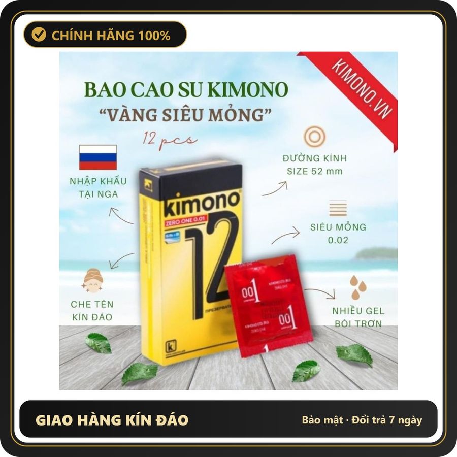 (Che Tên) Bao cao su Kimono siêu mỏng 0.02 màu vàng Gold chứa vitamin B cấp ẩm bôi trơn, Hộp 12 bcs | Carefeel Hỗ Trợ 24/7