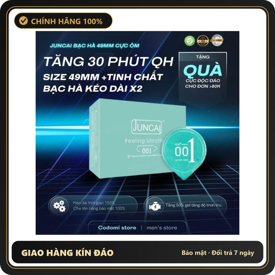 (Che Tên) COMBO 3 hộp Bao cao su Siêu mỏng JUNCAI 001 Spearmint Hương bạc hà Nhiều gel Hộp 10 bcs size 49mm Hỗ Trợ 24/7