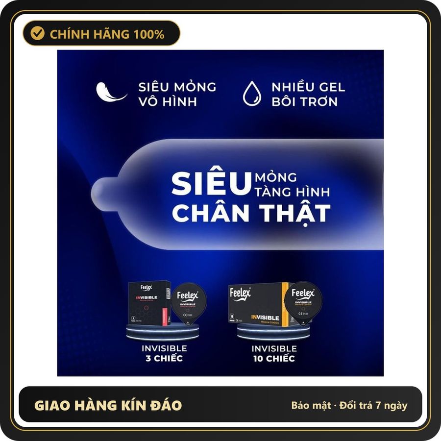 (Che Tên) Bao cao su siêu mỏng nhiều gel đặc biệt Feelex Invisible ôm sát đem lại cảm giác chân thật giảm ma sát hộp 10 chiếc Hộp Trắng Kín
