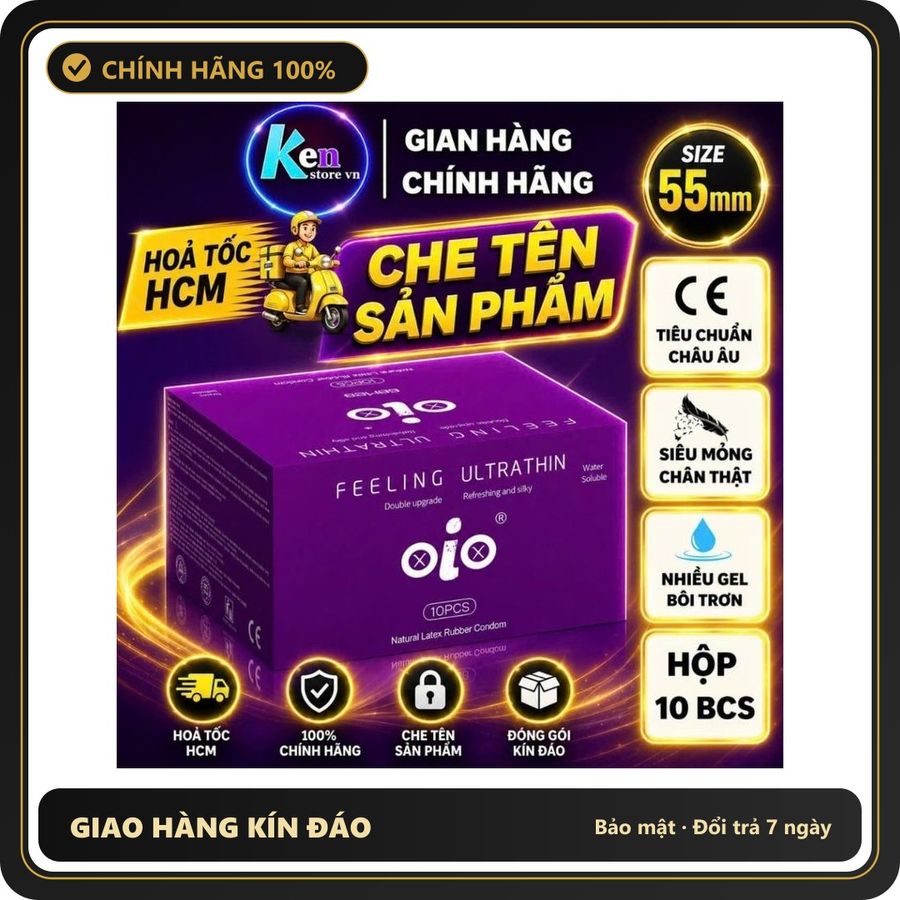 (Che Tên) Bao cao su siêu mỏng oio 4in1 hỗ trợ kéo dài thời gian cuộc vui chống xuất tinh sớm nhiều gel bôi trơn hộp 10 bcs Bảo Mật Tuyệt Đối