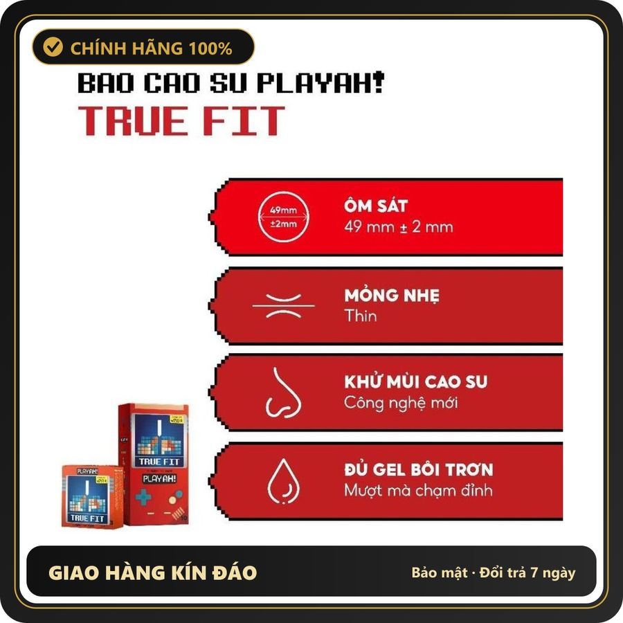 (Che Tên) Bao Cao Su PlayAh True Fit Ôm Sát Hộp 10 size 49mm size nhỏ, chống tuột bao Chuẩn Auth
