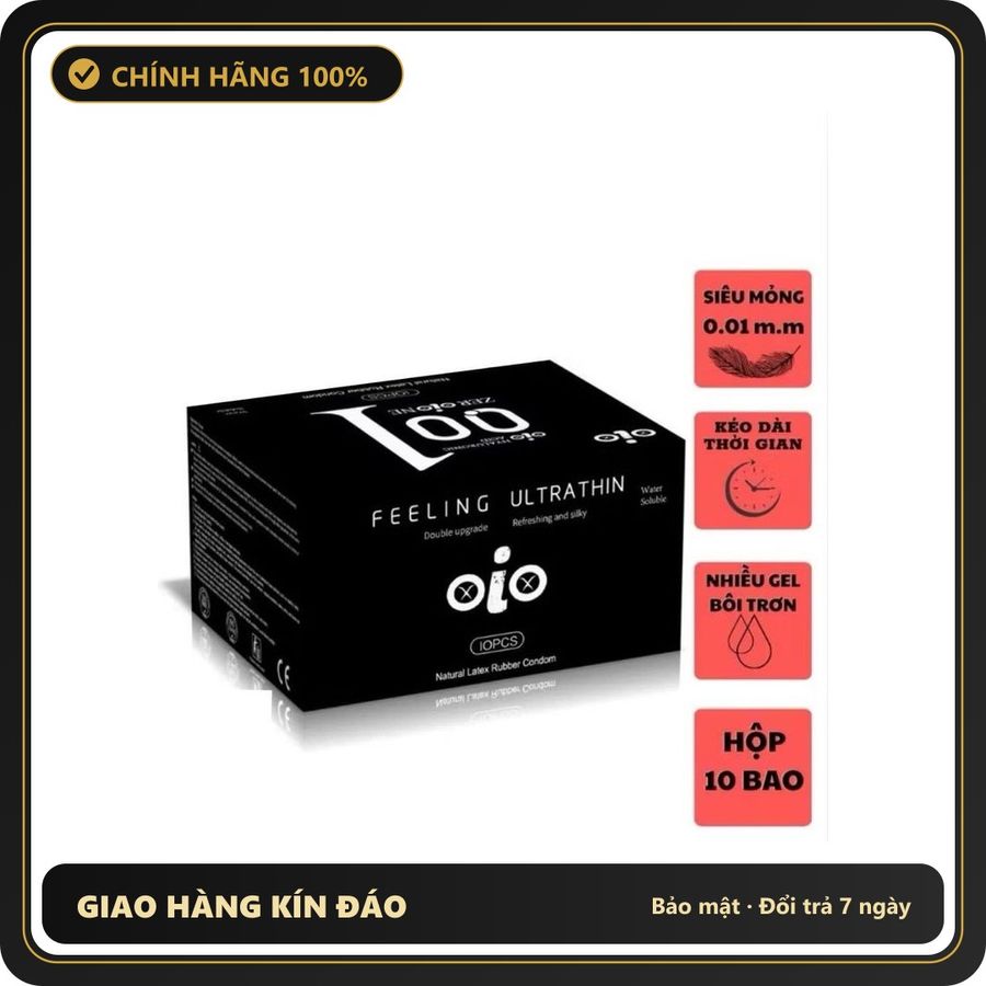 (Che Tên) Bao cao su OiO 001 Feeling Ultrathin - Siêu mỏng - Nhiều gel - Kéo dài thời gian - Hộp 10 cái Bảo Mật Tuyệt Đối