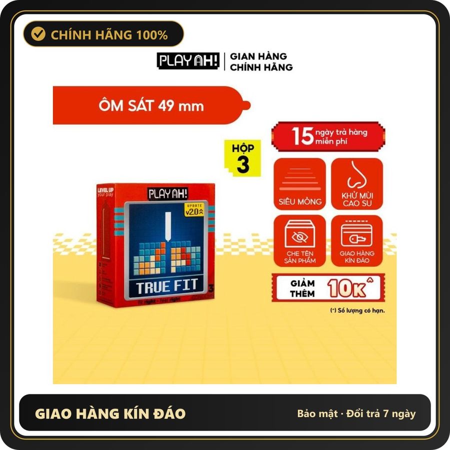 (Che Tên) Bao Cao Su PlayAh True Fit Ôm Sát Hộp 3/10 size 49mm size nhỏ vừa vặn Chuẩn Auth
