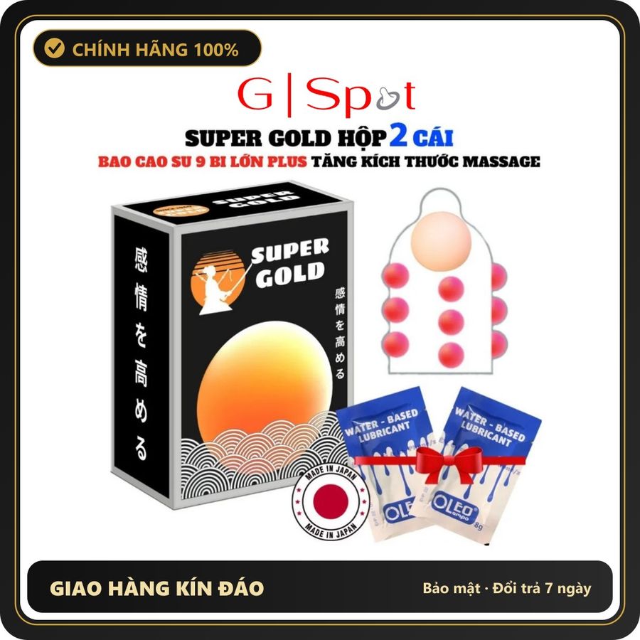 (Che Tên) Bao Cao Su Nhật Bản Super Gold - 9 Bi Toàn Thân - 1 Bi Silicon Mềm ở Đầu Tăng Thêm 1cm - Hộp 2 Cái - Hàng Mới Về