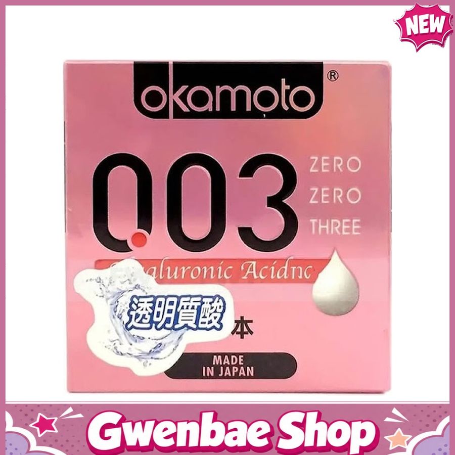 Bao cao su Okamoto 0.03 Hyaluronic Acid - Siêu mỏng, bôi trơn dưỡng ẩm - Hộp 3 cái - Gwen Shop Chính Hãng