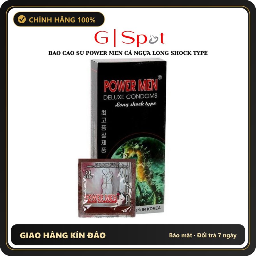 (Che Tên) Bao Cao Su Power Men Cá Ngựa Đen Long Shock Type - Gân Gai Kéo Dài Thời Gian - Hộp 12 Cái Cao Cấp Bảo Đảm