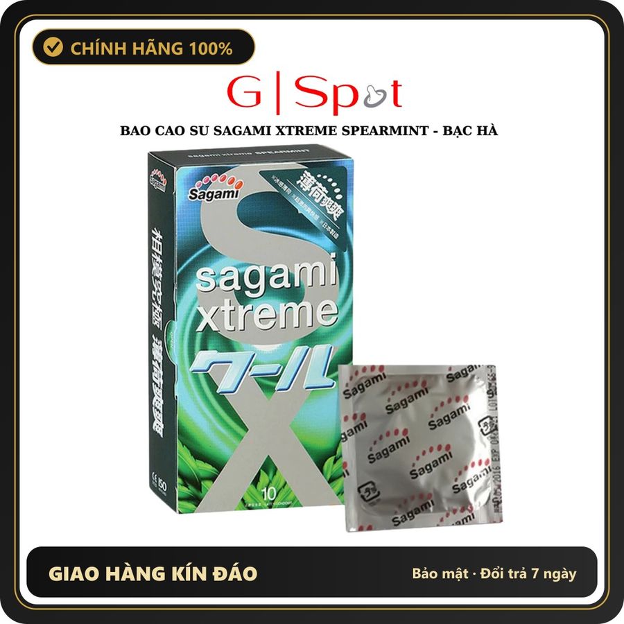 (Che Tên) Bao Cao Su Sagami Xtreme Spearmint – Siêu Mỏng, Kéo Dài, Hương Bạc Hà - Hộp 10 cái Hỗ Trợ 24/7