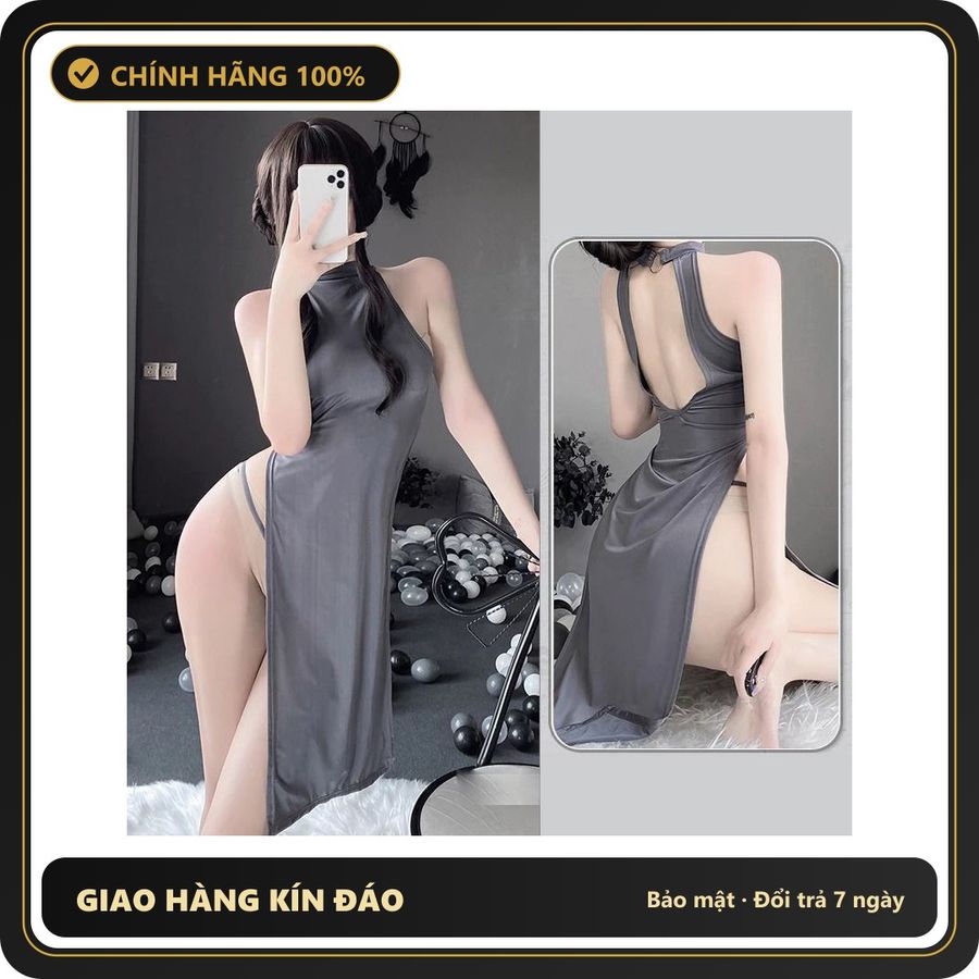 (Che Tên) Váy Ngủ Sườn Xám Dài Xẻ Cao Hông Đầm Nữ Hở Lưng - N158 Xám Chuẩn Auth