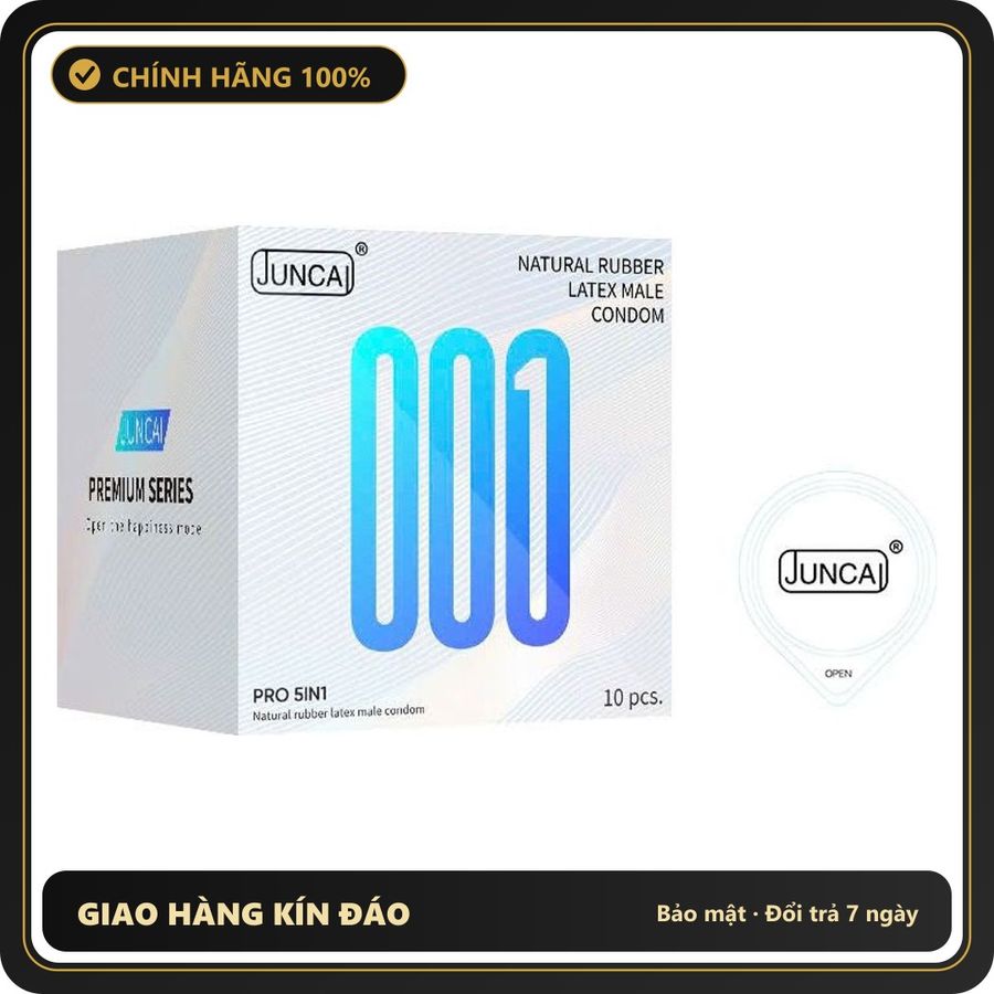 (Che Tên) Bao cao su Juncai Pro 5in1 siêu mỏng 001, gai tổ ong đặc biệt, kéo dài thời gian - Hộp 10 bao Hộp Trắng Kín