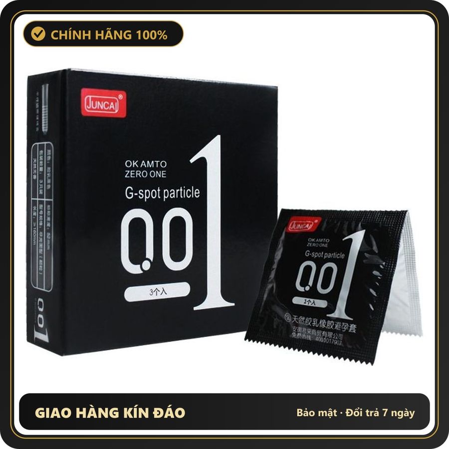 (Che Tên) Bao cao su JUNCAI 0.01 Okamto G-Spot Black siêu mỏng gai liti công nghệ Nhật Bản hộp 3bcs Bảo Mật Tuyệt Đối