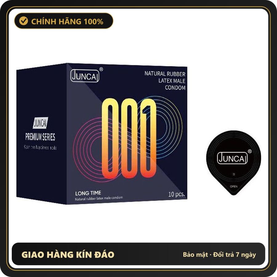 (Che Tên) Bao cao su Juncai Longtime 001 cao cấp, siêu mỏng, gân gai, kéo dài thời gian – Hộp 10 bao Hộp Trắng Kín