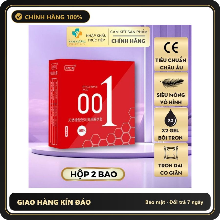 (Che Tên) Bao cao su JUNCAI 0.01 Ultra Slim siêu mỏng, nhiều gel bôi trơn hỗ trợ tăng khoái cảm hộp 2 bcs Cao Cấp Bảo Đảm