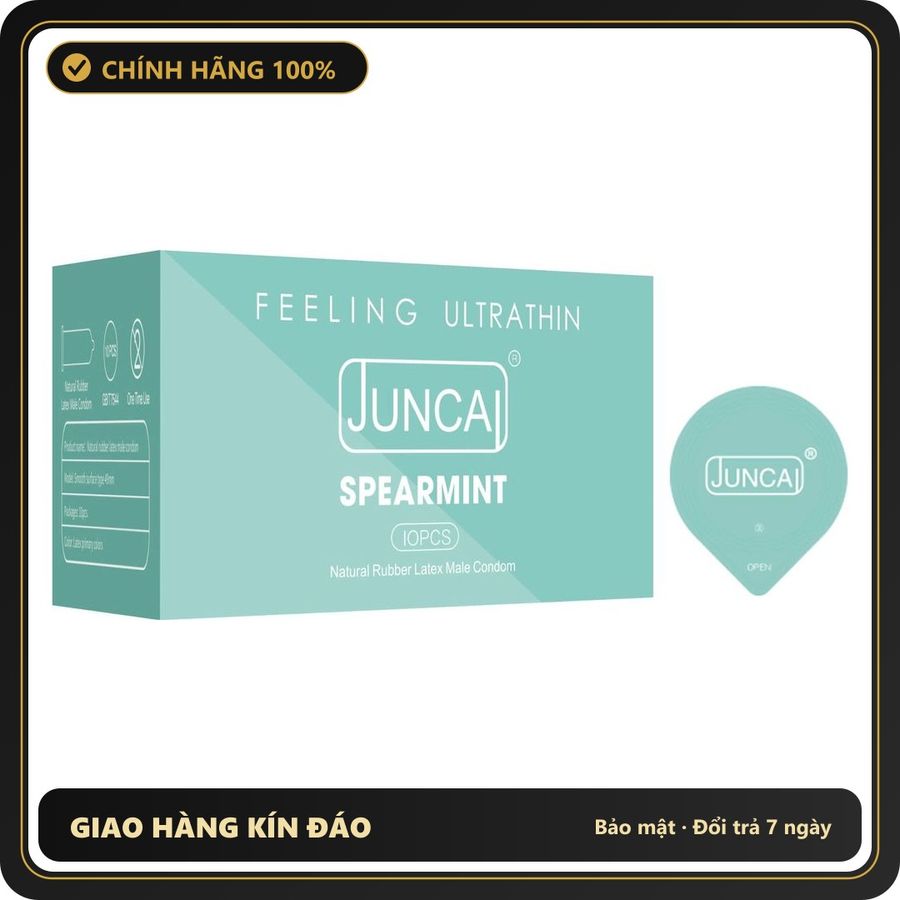 (Che Tên) Bao cao su Juncai Spearmint 001 hương bạc hà siêu mỏng, siêu nhẹ, ôm sát – Hộp 10 bao Chuẩn Auth