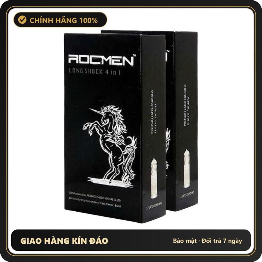 (Che Tên) Bao cao su Rocmen Long Shock 4in1 siêu mỏng 001 kéo dài thời gian quan hệ - Hộp 12 bao Cao Cấp Bảo Đảm