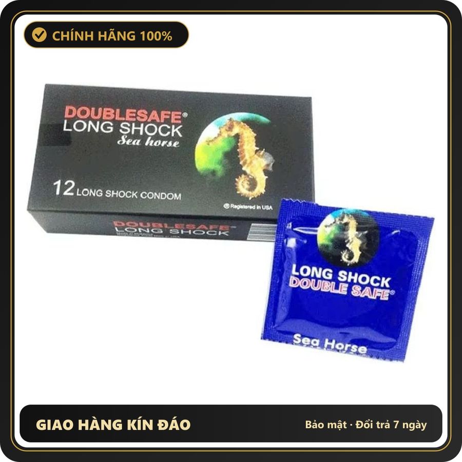 (Che Tên) Bao cao su cá ngựa Doublesafe Long Shock siêu mỏng, gân gai, kéo dài thời gian – Hộp 12 bao Giao Nhanh Toàn Quốc