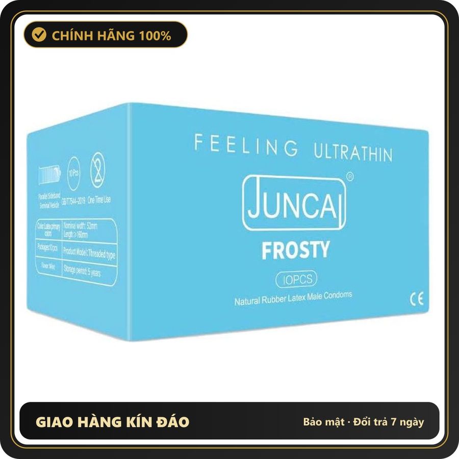 (Che Tên) Bao cao su Juncai 001 Frosty với đường gân mát lạnh, mang lại cảm giác tuyệt vời – Hộp 10 bao Chuẩn Auth