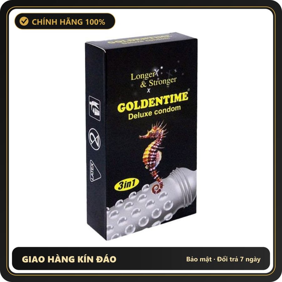 (Che Tên) Bao cao su GOLDENTIME Longer & Stronger 3in1 gân gai kéo dài thời gian - Hộp 12 bao Hỗ Trợ 24/7