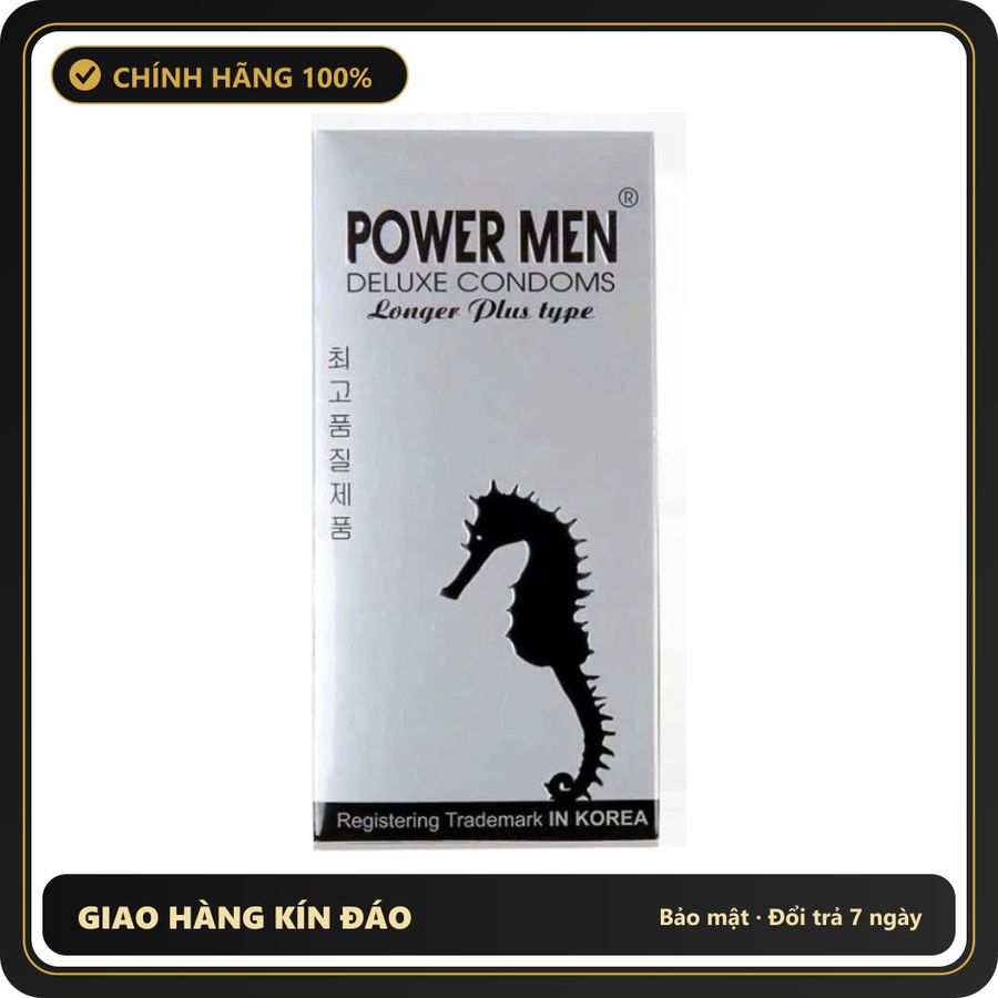 (Che Tên) Bao cao su cao cấp Power men cá ngựa bạc gân gai nổi giúp kéo dài thời gian quan hệ - Hộp 12 bao ( Full VAT + tem phụ ) Hộp Trắng Kín
