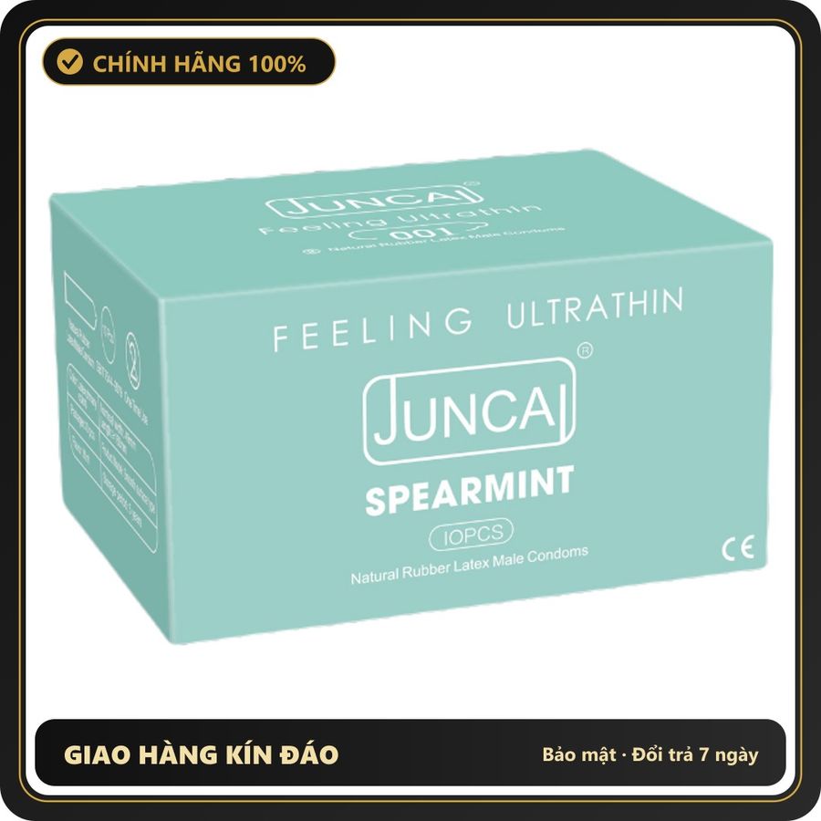 (Che Tên) Bao cao su Juncai Spearmint siêu mỏng 001, trơn, ôm sát, hương bạc hà Hỗ Trợ 24/7