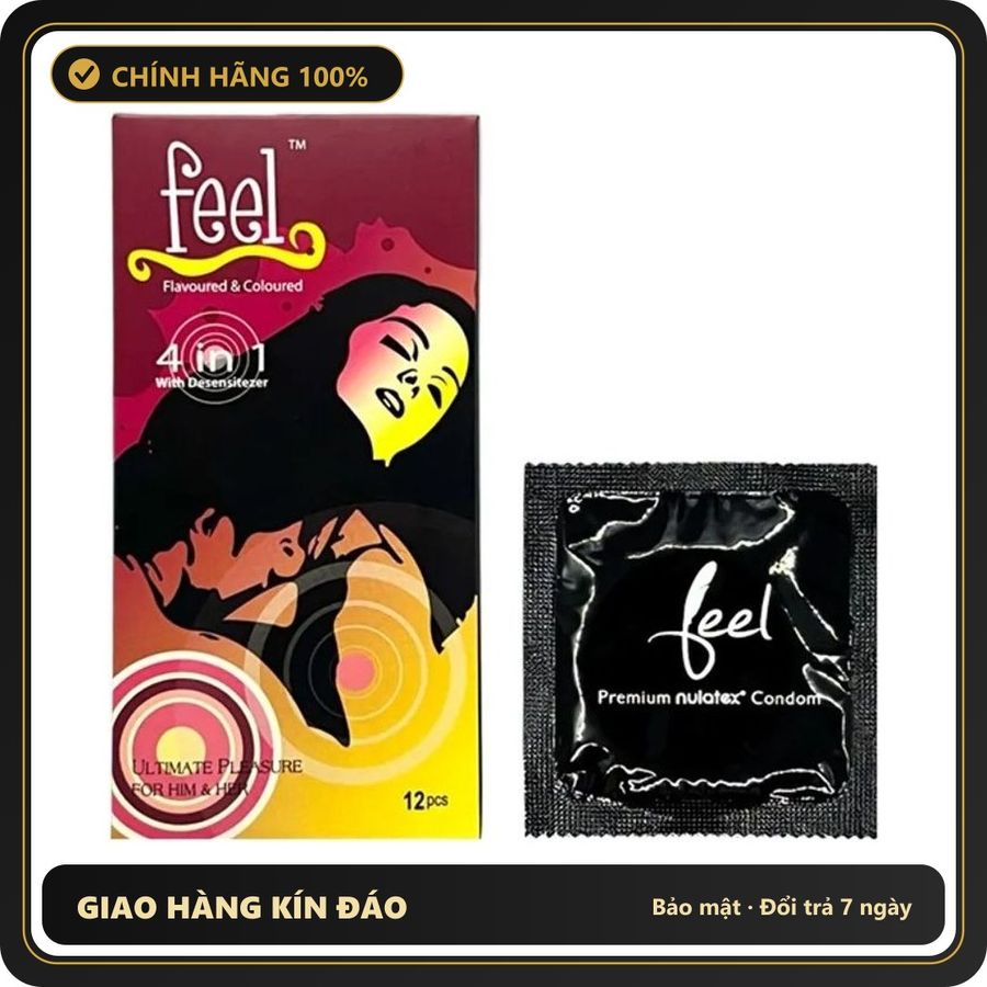 (Che Tên) Bao cao su Feel 4in1 hộp 12 cái chuẩn Malaysia gân gai kéo dài thời gian hương dâu tây - Hàng Mới Về